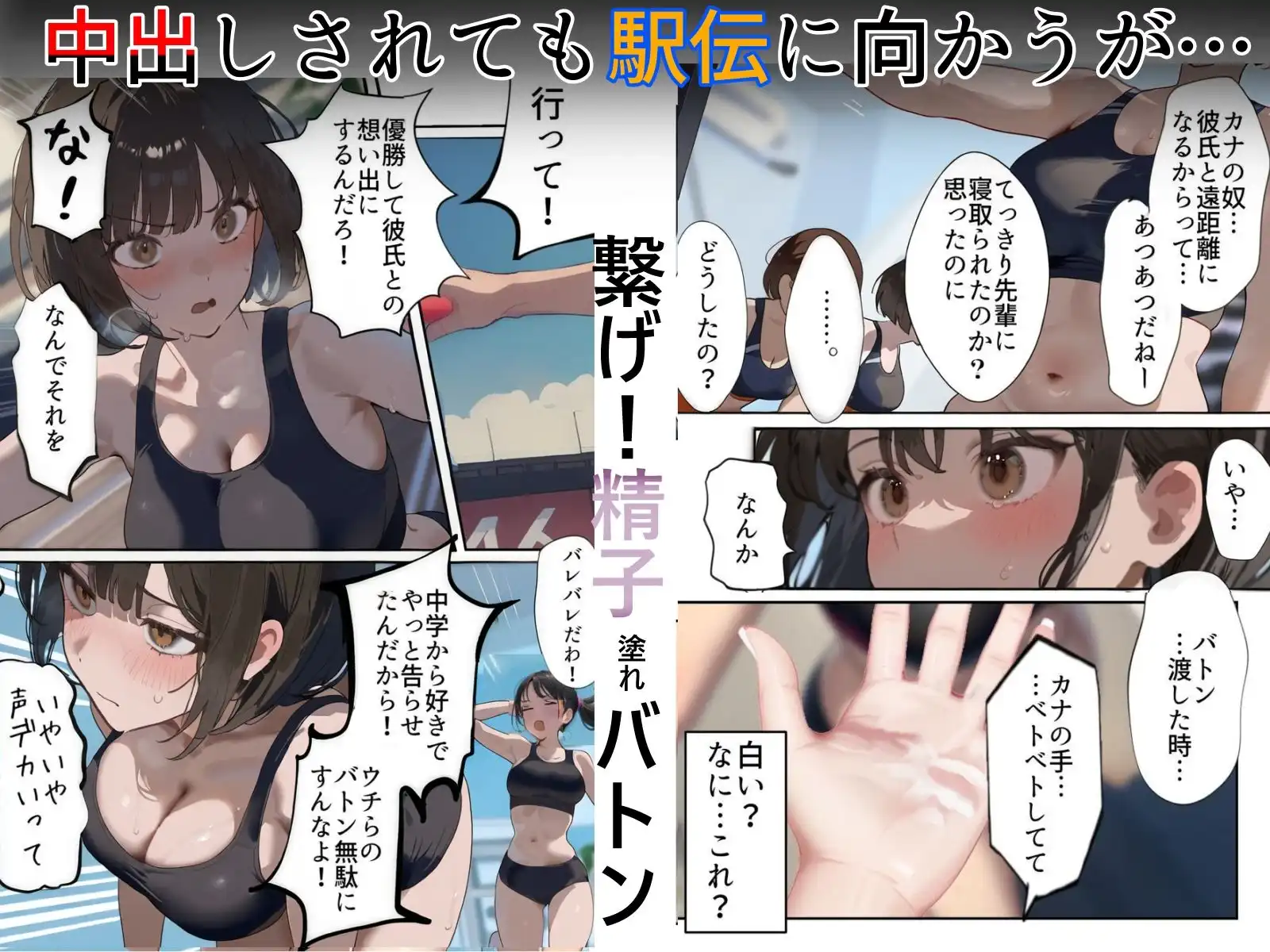 開催!寝取られ駅伝〜陸上女子は大会中に先輩OB達に中出し孕ませられても繋げ!精子塗れのバトンで優勝狙う!大学で遠距離になる前最後の幼馴染彼氏との初セックスは延期で色黒チャラ男OBに寝取られる話 - サンプル7