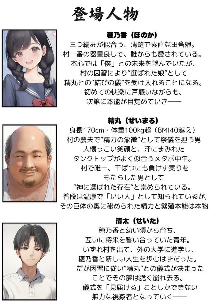 【因習村】村の飢饉を救うため差し出された僕の彼女、BMI40越えで性欲だけはいっちょまえの種付けおじさんに媚薬を飲まされ、おじさん特有のねちっこい前戯で全身べちょべちょに舐められたあげく、聖なる肉棒(チンカス付き)の掃除を実施! その後はついに処女おまんこにゴールイン!入念かつ丹念にがん突きにされ、イキまくりんぐ!一晩中汗だくで連続絶頂アクメを決めさせられた話。 「穂乃香ぁ〜、オラの精、まるごと受け止めてくんろぉ〜〜!」 - ページ04