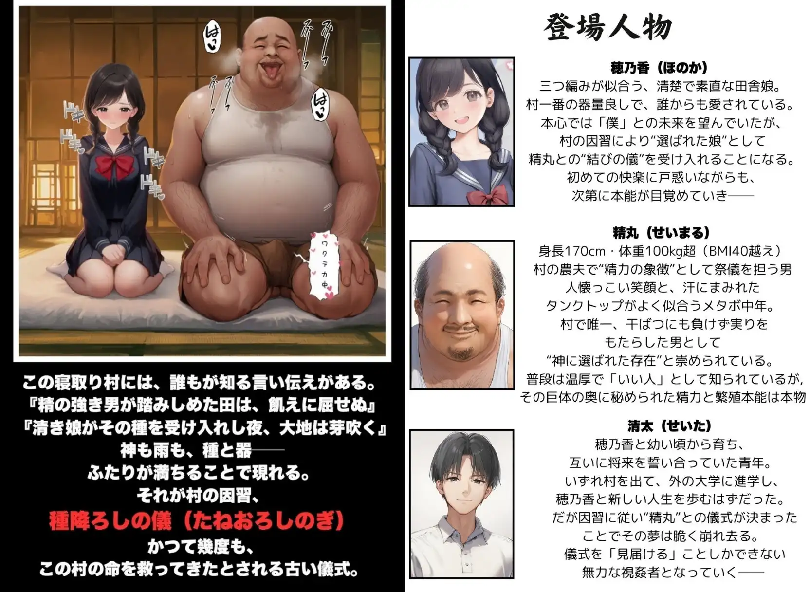 【因習村】村の飢饉を救うため差し出された僕の彼女、BMI40越えで性欲だけはいっちょまえの種付けおじさんに媚薬を飲まされ、おじさん特有のねちっこい前戯で全身べちょべちょに舐められたあげく、聖なる肉棒(チンカス付き)の掃除を実施! その後はついに処女おまんこにゴールイン!入念かつ丹念にがん突きにされ、イキまくりんぐ!一晩中汗だくで連続絶頂アクメを決めさせられた話。 「穂乃香ぁ〜、オラの精、まるごと受け止めてくんろぉ〜〜!」 - サンプル1